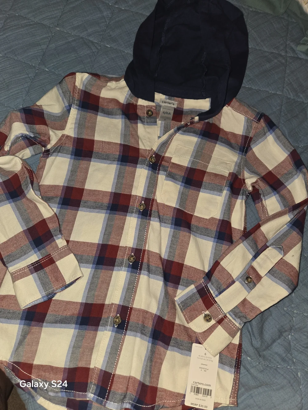 Carter's Boys Sz 6 Plaid Hooded Button-Up Shirt - Cream, Red & Blue New
